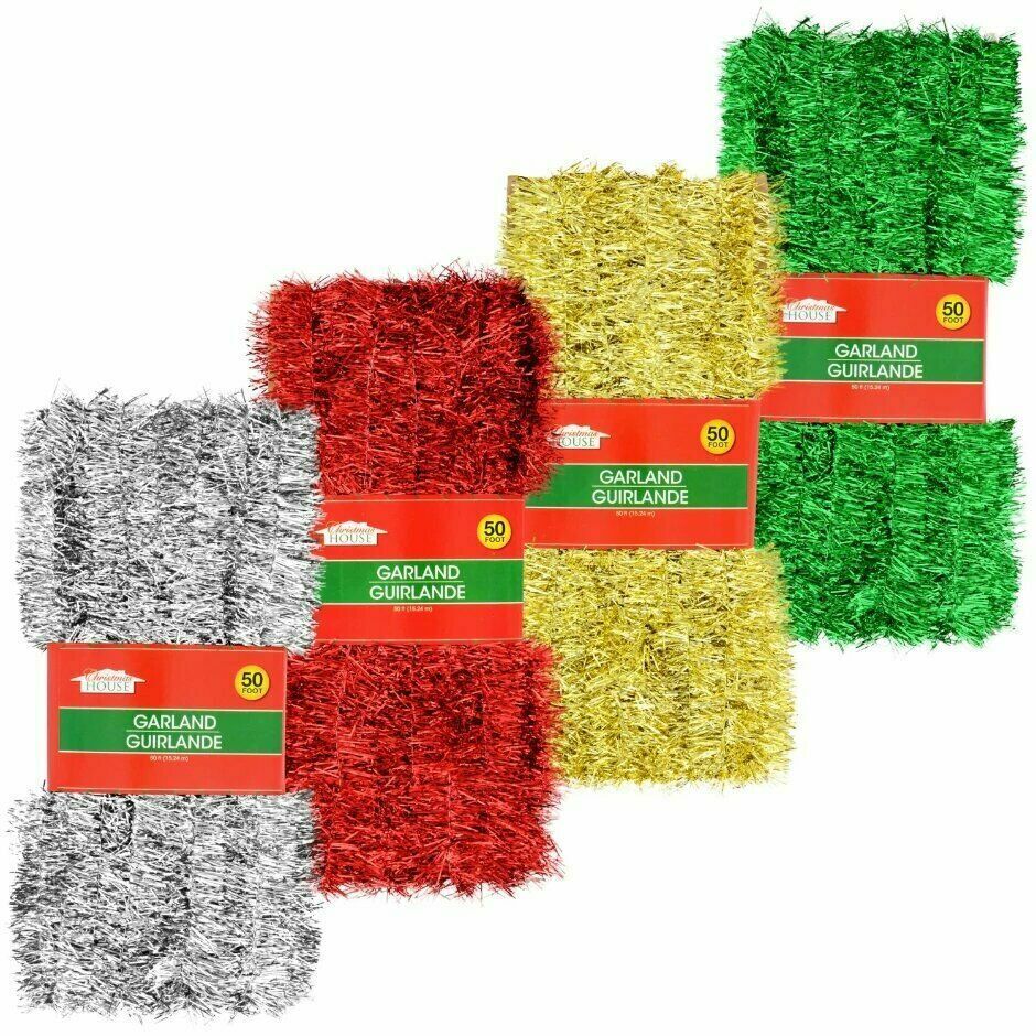 Christmas House Tinsel Garlands, 50 Ft. Silver Gold Red Green W