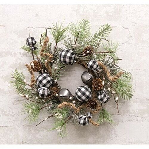 New-black White Buffalo Check-candle Ring 3.5"x12"w-bells Pine Wreath Christmas